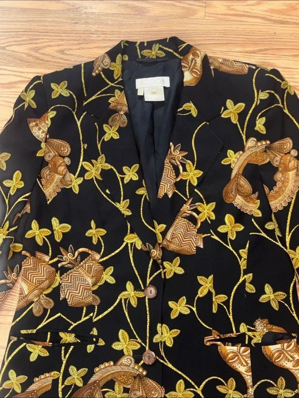 Escada Margaretha Ley 100% Silk Print Jacket, black, tan, gold, size 40, US 10